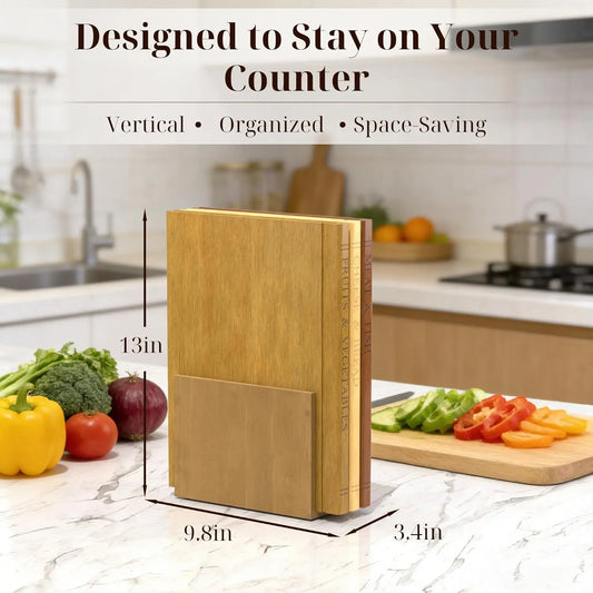 Solid acacia wood cutting board shaped like a book