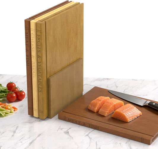 Solid acacia wood cutting board shaped like a book